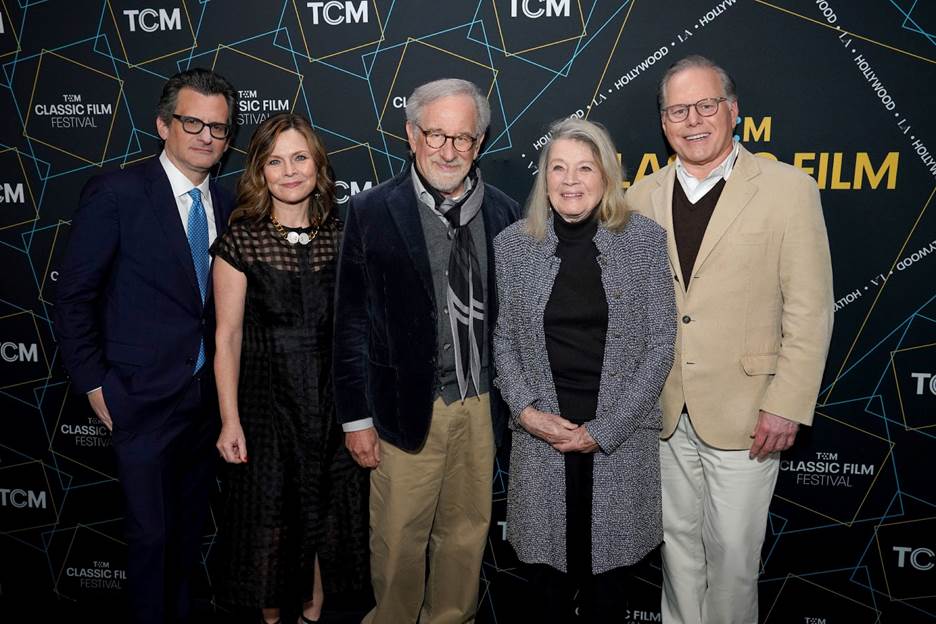 TCM host Ben Mankiewicz; General Manager, Turner Classic Movies Pola Changnon; Steven Spielberg; Angie Dickinson; and President and Chief Executive Officer of Warner Bros. Discovery David Zaslav attend the opening night gala and world premiere of the 4k restoration of "Rio Bravo" during the 2023 TCM Classic Film Festival at TCL Chinese Theatre on April 13, 2023 in Hollywood, California.