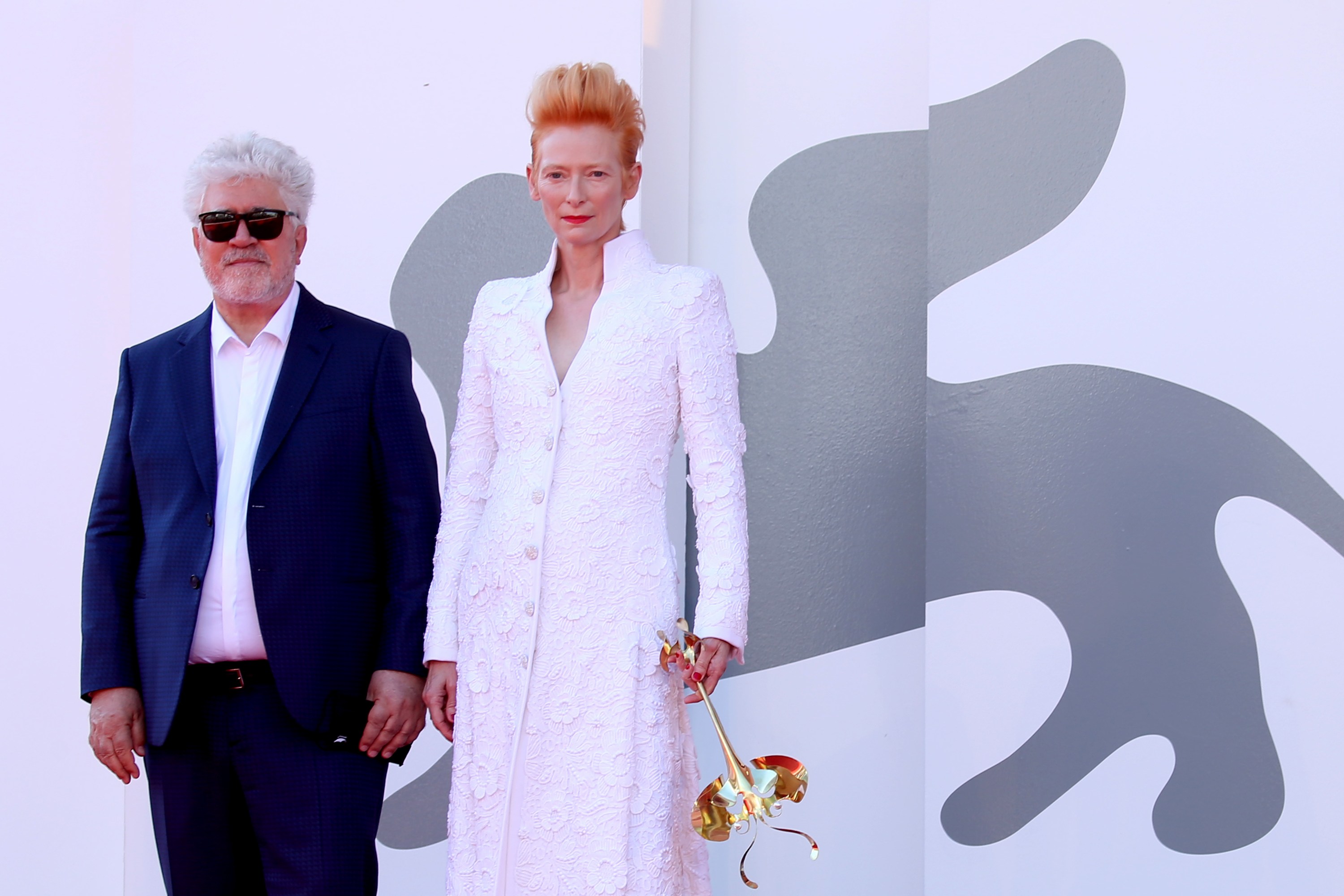 VENICE, ITALY - SEPTEMBER 03: Pedro Almodovar and Tilda Swinton walk the red carpet ahead of the movie "The Human Voice" at the 77th Venice Film Festival at  on September 03, 2020 in Venice, Italy. (Photo by Franco Origlia/Getty Images)