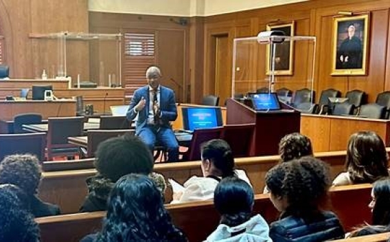 U.S. Attorney Damian Williams speaking to high school students in White Plains federal court 