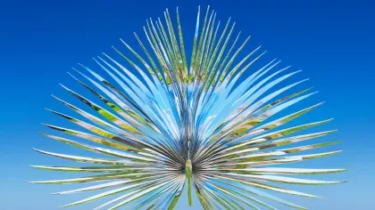Reflective metal sculpture of palm frond against a blue sky
