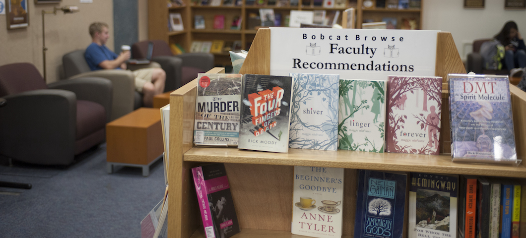 Image of faculty recommended books in the MSU Library's Bobcat Browse area.