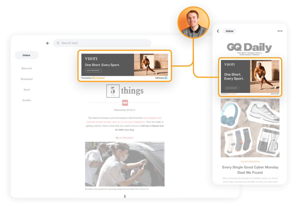 An image that showcases a user receiving advertisement in email newsletters for athletic attire tying the interactions back to a single user.