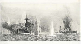 HMS WARSPITE AND HMS WARRIOR UNDER HEAVY FIRE, JUT