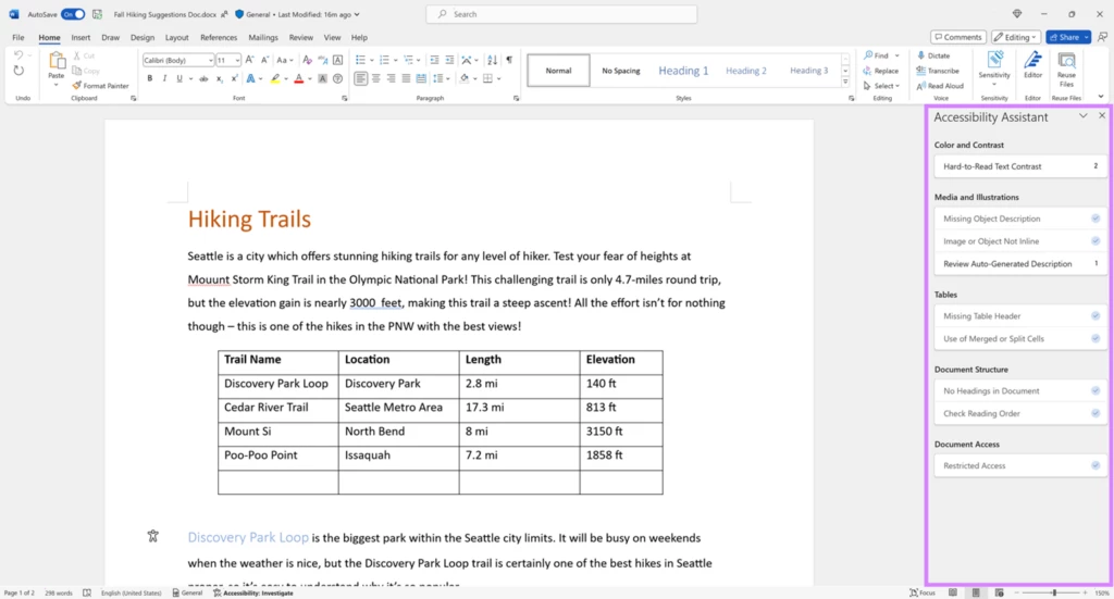 Microsoft Word document editing window. The Accessibility Assistant pane on the right side of the interface is highlighted with a colorful outline.