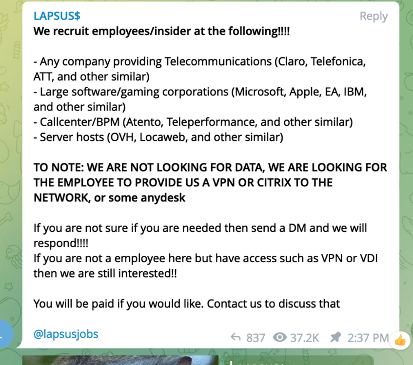 Partial screenshot of a messaging application showing a text message from LAPSUS$ with the following heading:

We recruit employees/insider at the following!!!!