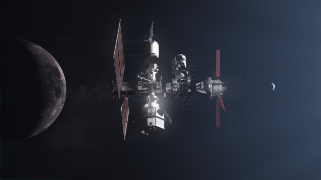 Illustration of Gateway in lunar orbit. Gateway is made up of several modules to provide power, habitation, and science facilities in lunar orbit.