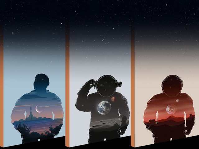 Three illustrated silhouettes of astronauts, one on Earth without a helmet, one on the Moon, touching their helmet, and one on Mars, with arms at their side