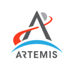 Artemis Logo - red rocket trail, blue arch that represents earth, ARTEMIS text, gray half sphere on a white background