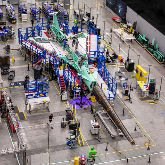 The X-59 being assembled at the Lockheed Martin facility.