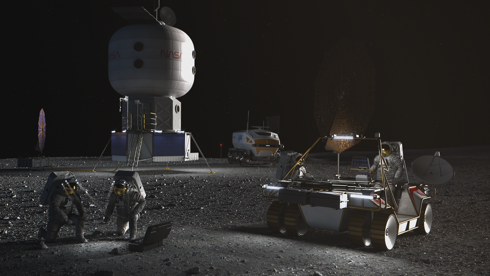 Scene of NASA Artemis astronauts on the Moon conducting scientific research with a rover and power system behind them.