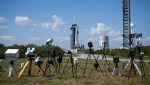 A SpaceX Falcon 9 rocket with the company's Dragon spacecraft on top is seen on the launch pad at Launch Complex 39A along with cameras set up by members of the media as preparations continue for the Crew-6 mission.