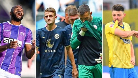 Gesichter des Abstiegskampfes (v.l.): Oumar Diakhité vom VfL Osnabrück, die Rostocker Nico Neidhart und Markus Kolke sowie Eintracht Braunschweigs Maurice Multhaup © Imago Images 