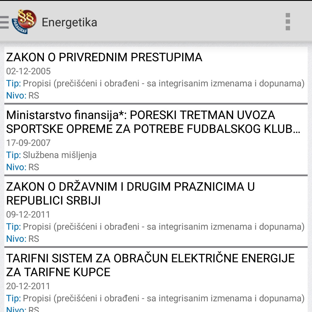 Liste pravnih dokumenata na mobilnoj aplikaciji