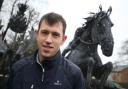 Olympic showjumper Scott Brash beside the life-size sculpture of himself (Photo: Helen Barrington).