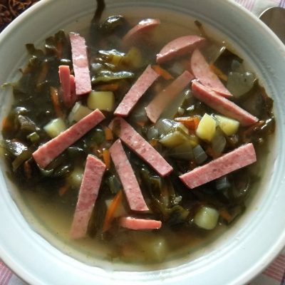 Картофельный суп с маринованными огурцами и морской капустой - рецепт с фото