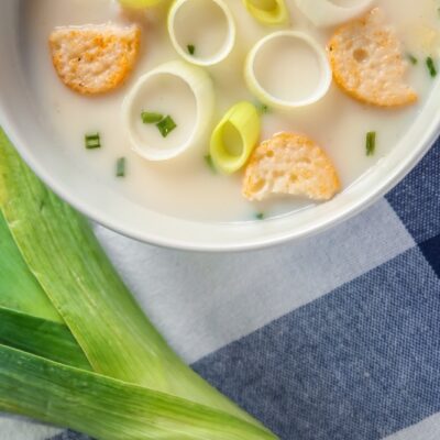 Картофельный суп-пюре с луком-пореем и гренками - рецепт с фото
