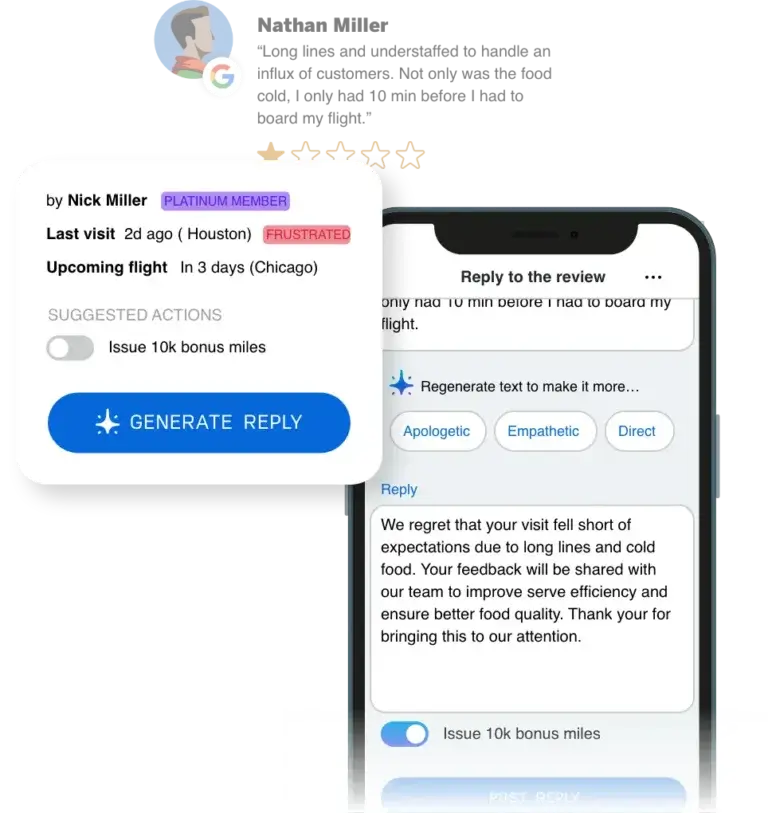 Customer review with reply and action options
