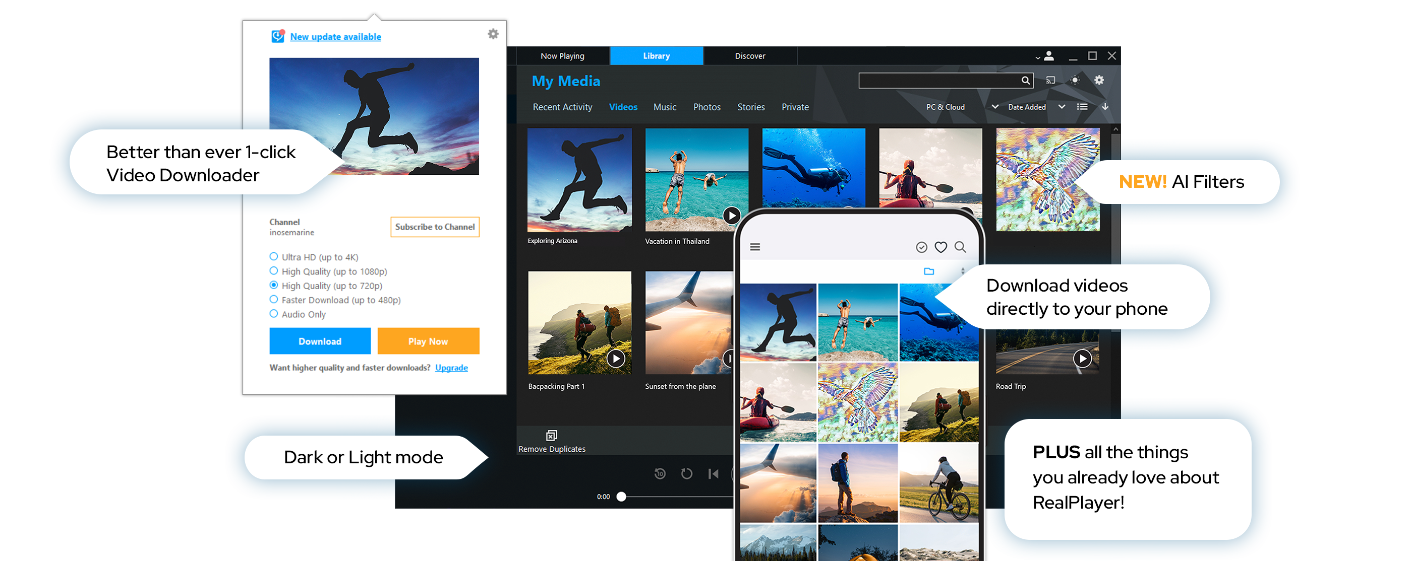 picture of RealPlayer PC and RealPlayer Mobile with main features as text: Netter than ever1-click Video Downloader, Dark Or Light Mode, Download videos directly to your phone, PLUS all the things you already love about RealPlayer
