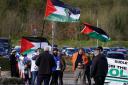 A pro-Palestine protest outside the Black Country & Marches Institute of Technology in Dudley where Labour leader Sir Keir Starmer launched his party’s local elections campaign in March (Jordan Pettitt/PA)