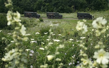 Russian mine-resistant armoured vehicles at a training camp near the Russian village of Molkino