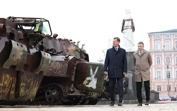 Mr Hunt with Ukraine counterpart Serhiy Marchenko in Saint Michael's Square during his visit to Kyiv