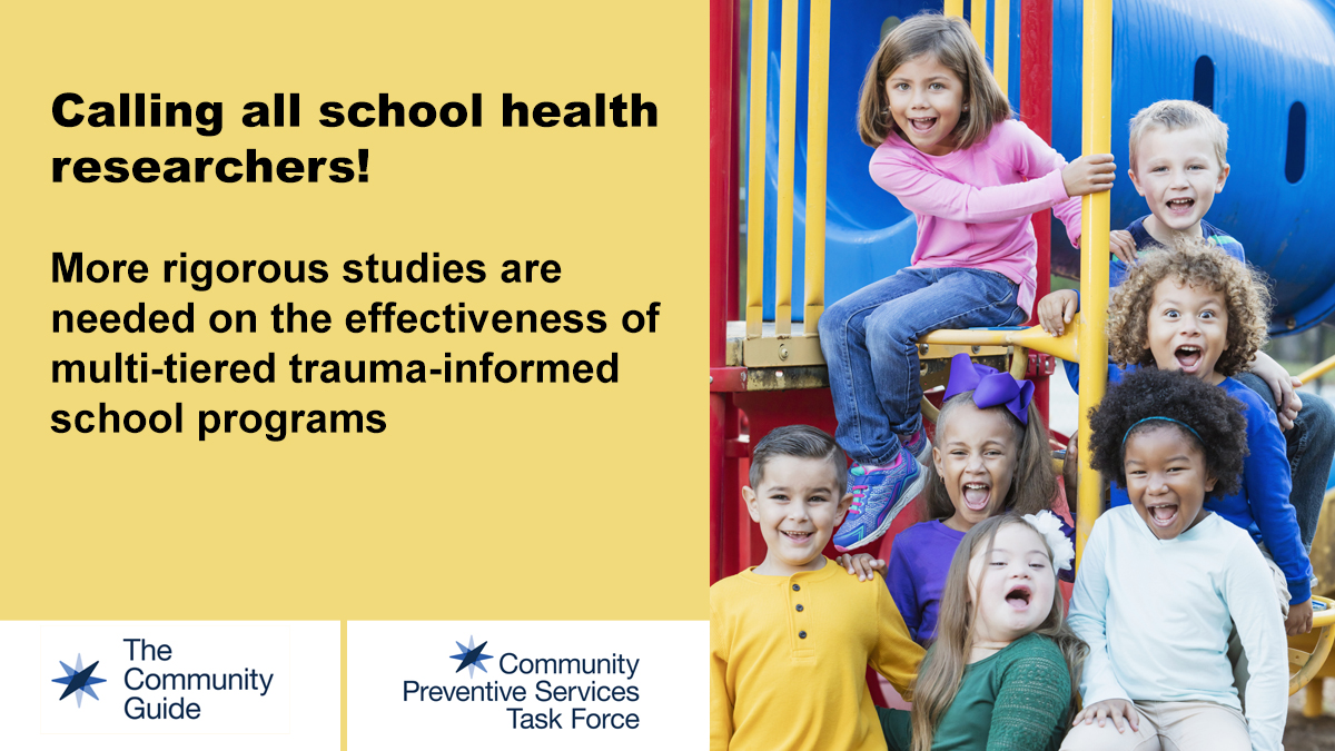 Use this image of a group of elementary school aged children on a playground to promote the CPSTF finding for Multi-Tiered Trauma-Informed School Programs to Improve Mental Health Among Youth on your social media accounts.