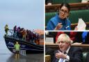 An RNLI lifeboat lands in England after helping people in the Channel, Home Secretary Priti Patel, and Prime Minister Boris Johnson