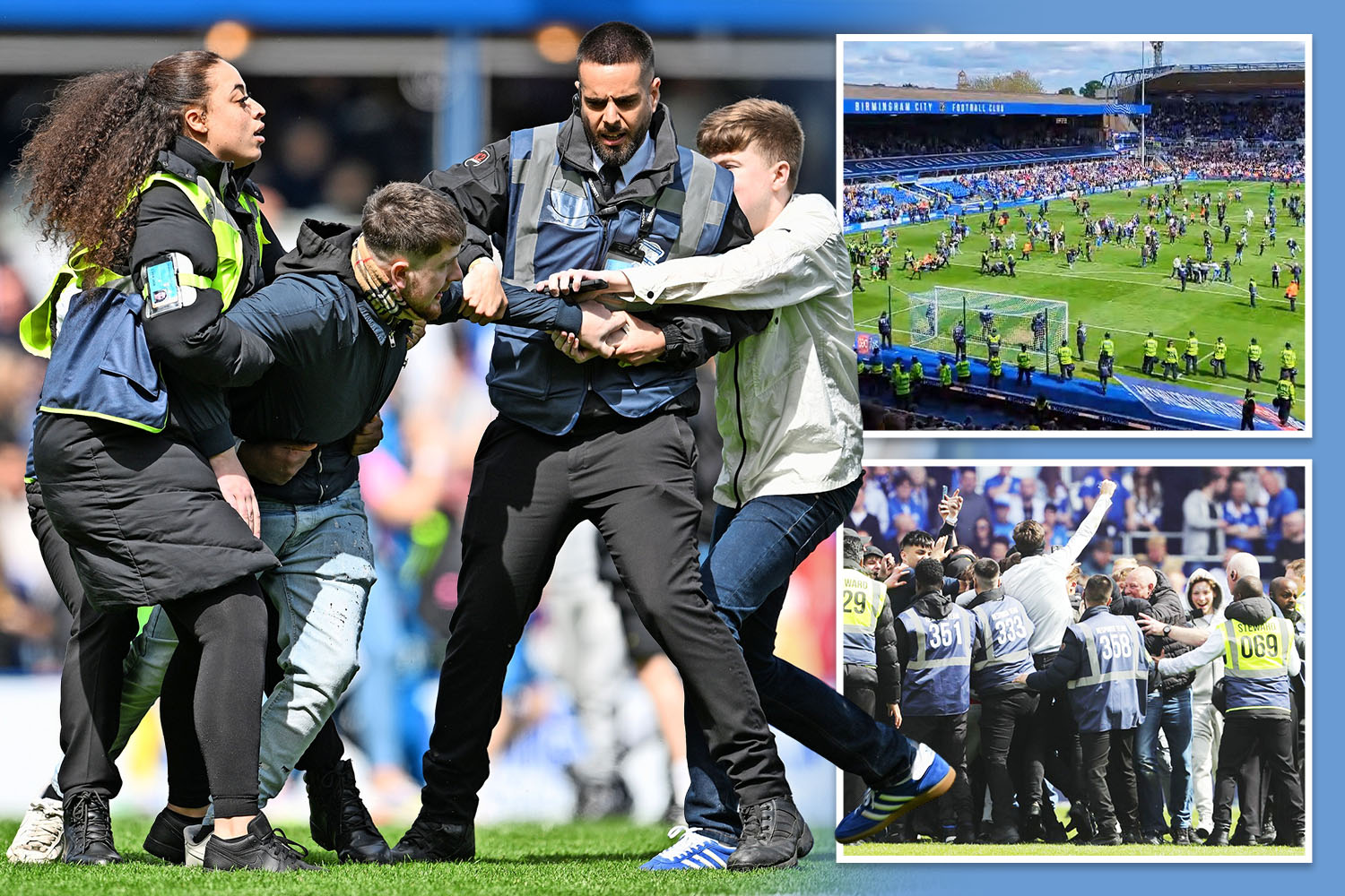 Birmingham fans clash with stewards as they invade pitch after relegation