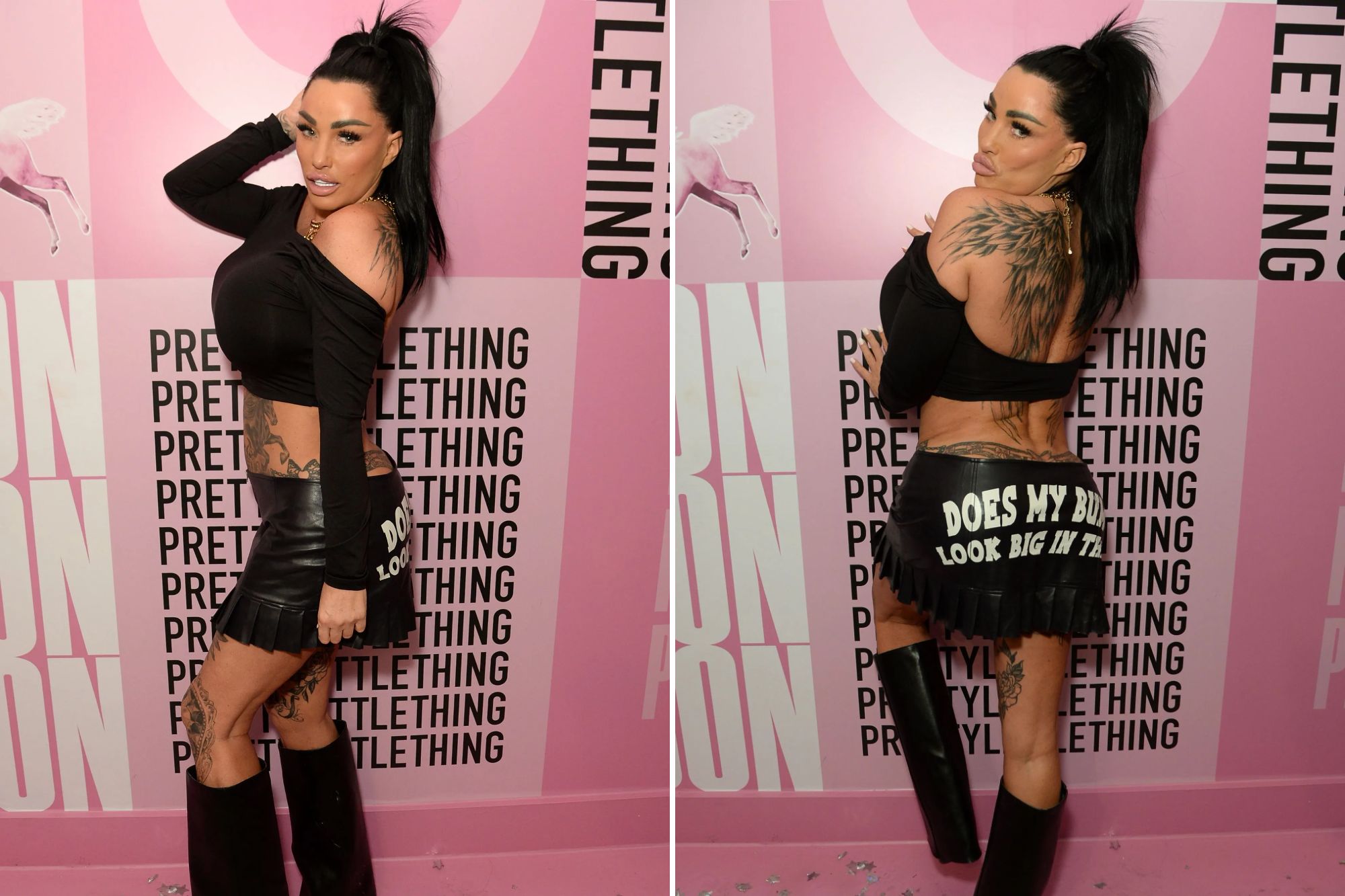 Katie Price shows off huge back tattoo in crop top and mini skirt at PLT party