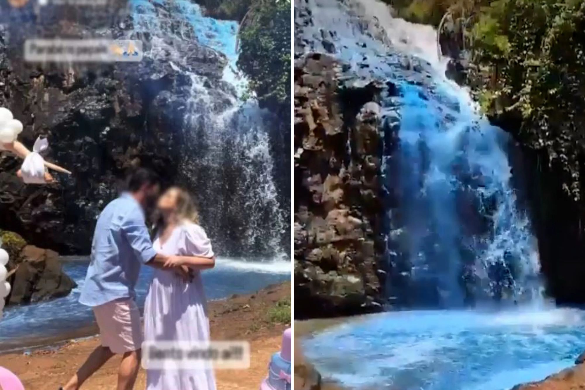 Couple turn waterfall BLUE in gender reveal party - but stunt backfires badly