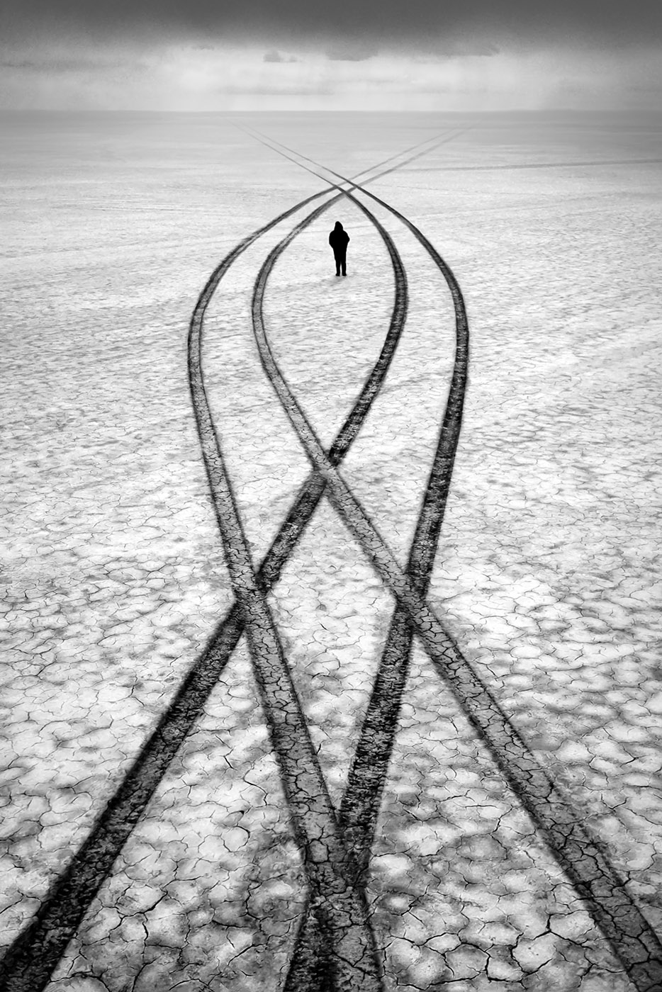 “Dilemma”: the tracks of two off-road vehicles in a wasteland, but which way to go?