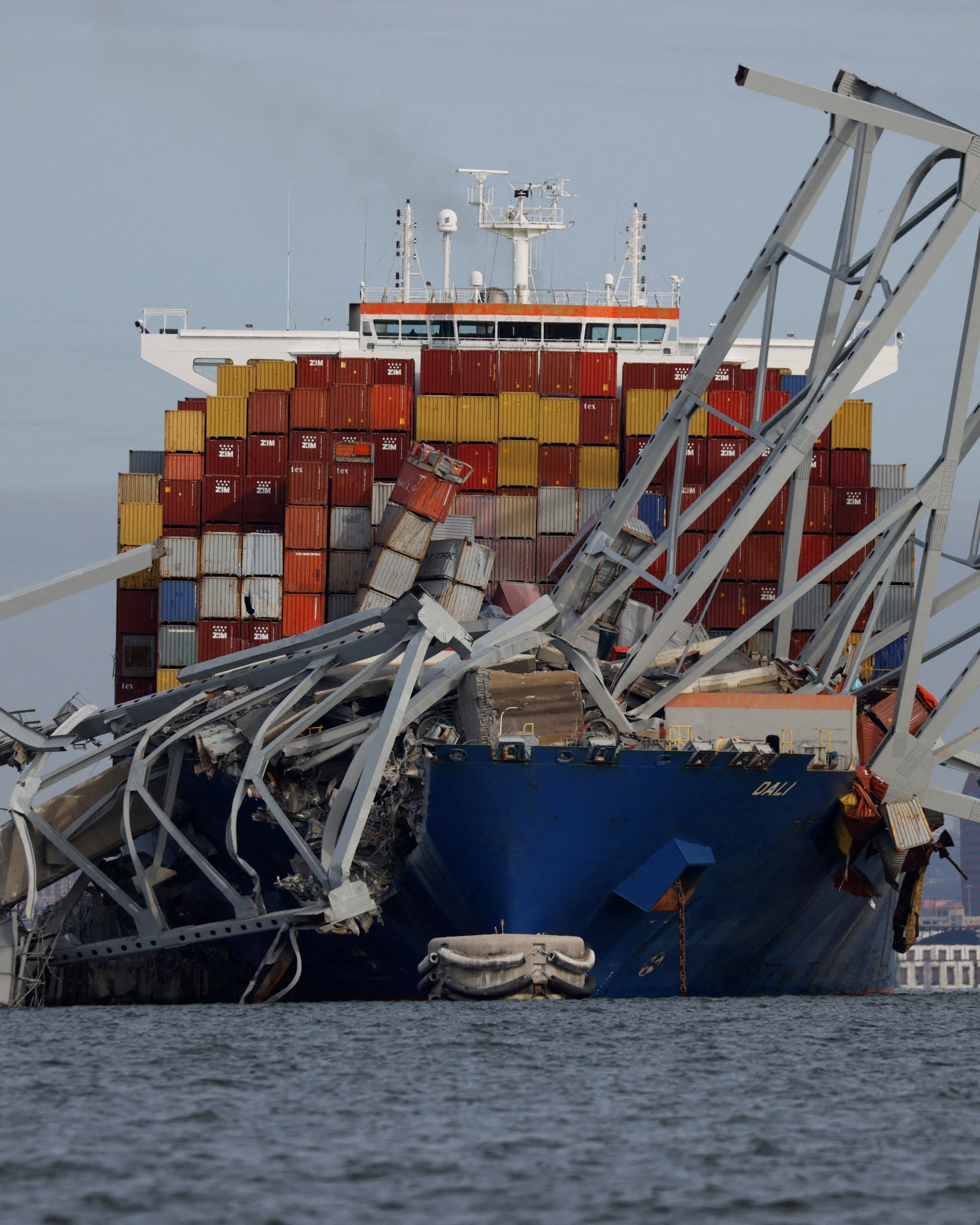 The Dali cargo vessel after crashing into the Francis Scott Key Bridge. Analysts put the cost at up to $3 billion