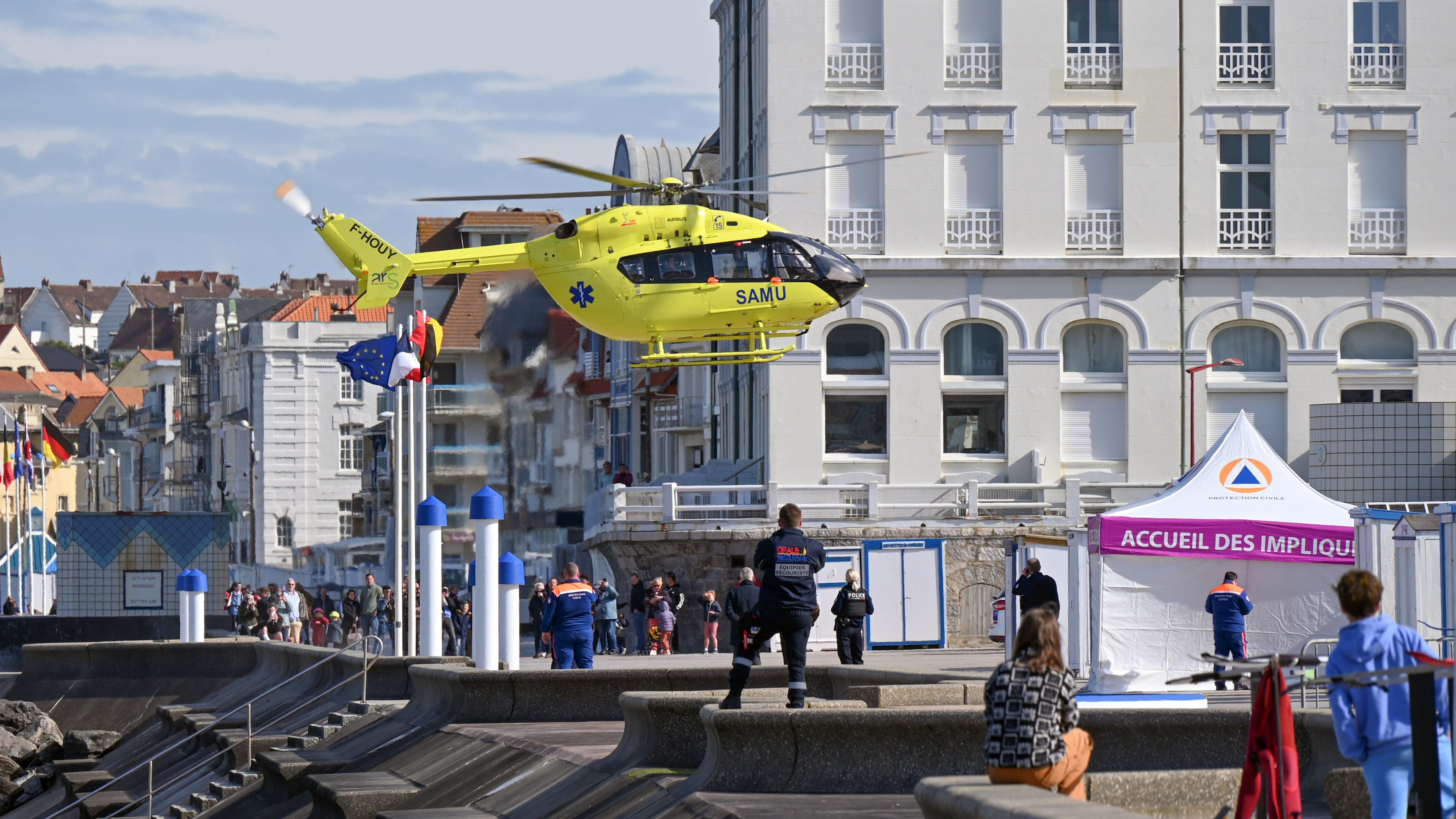An air ambulance takes off from Wimereux, near Calais, in response to the dinghy incident in the Channel on Tuesday