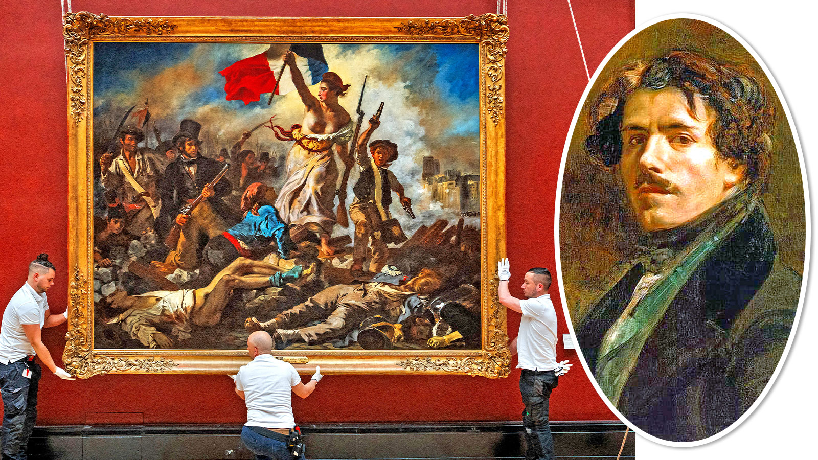 Louvre employees rehang the painting Liberty Leading the People, by Eugène Delacroix, right