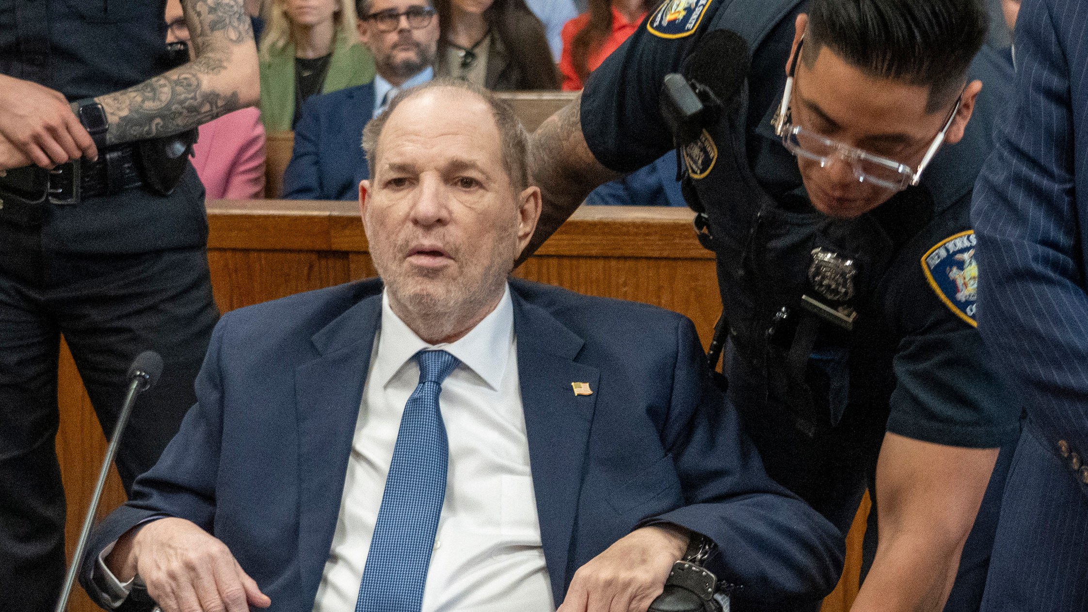 Harvey Weinstein attended a hearing on Wednesday in the same Manhattan criminal court where Donald Trump is being tried for electoral finance violations