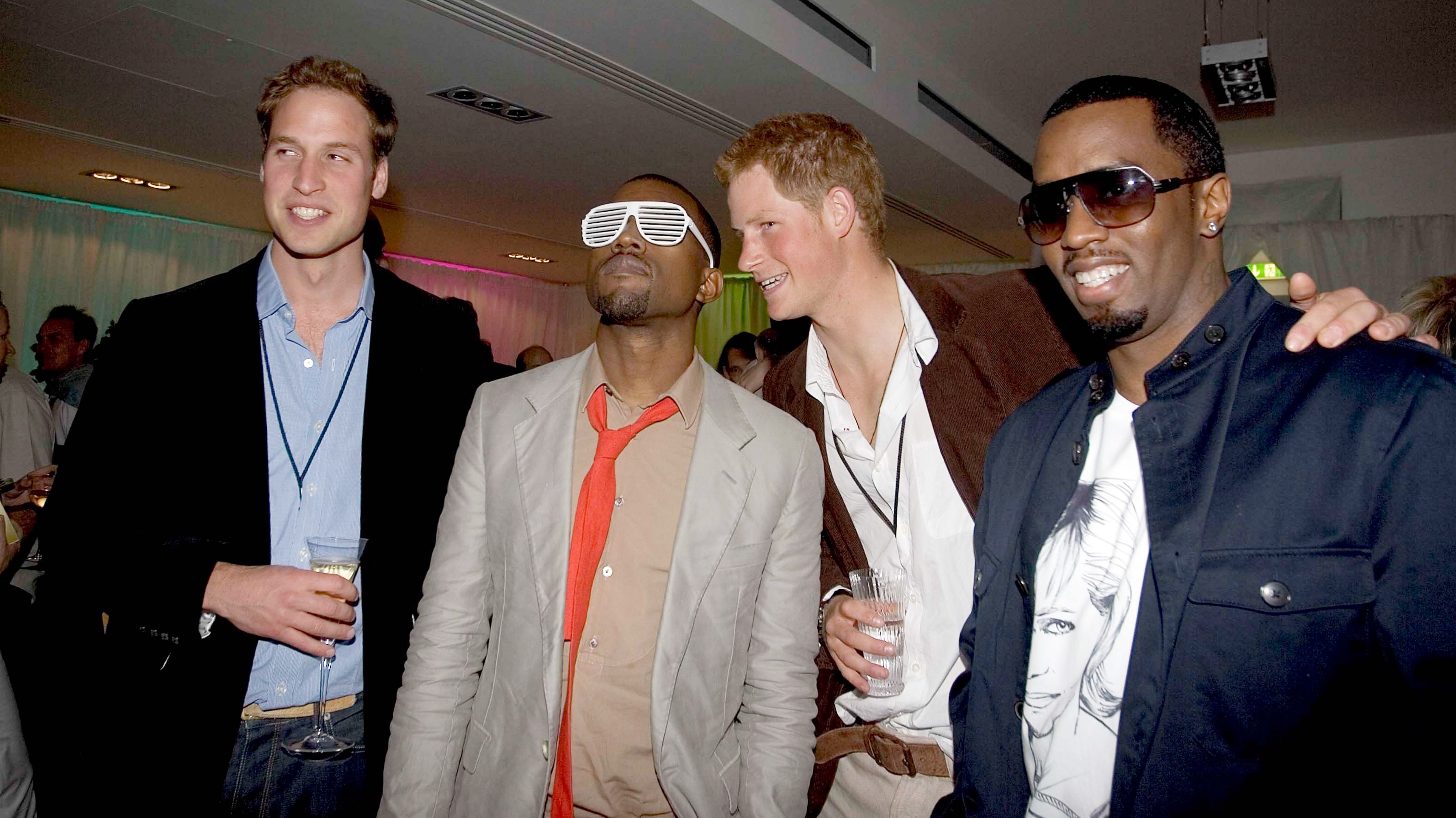 Princes William and Harry with Sean “Diddy” Combs, right, and Kanye West in London in 2007