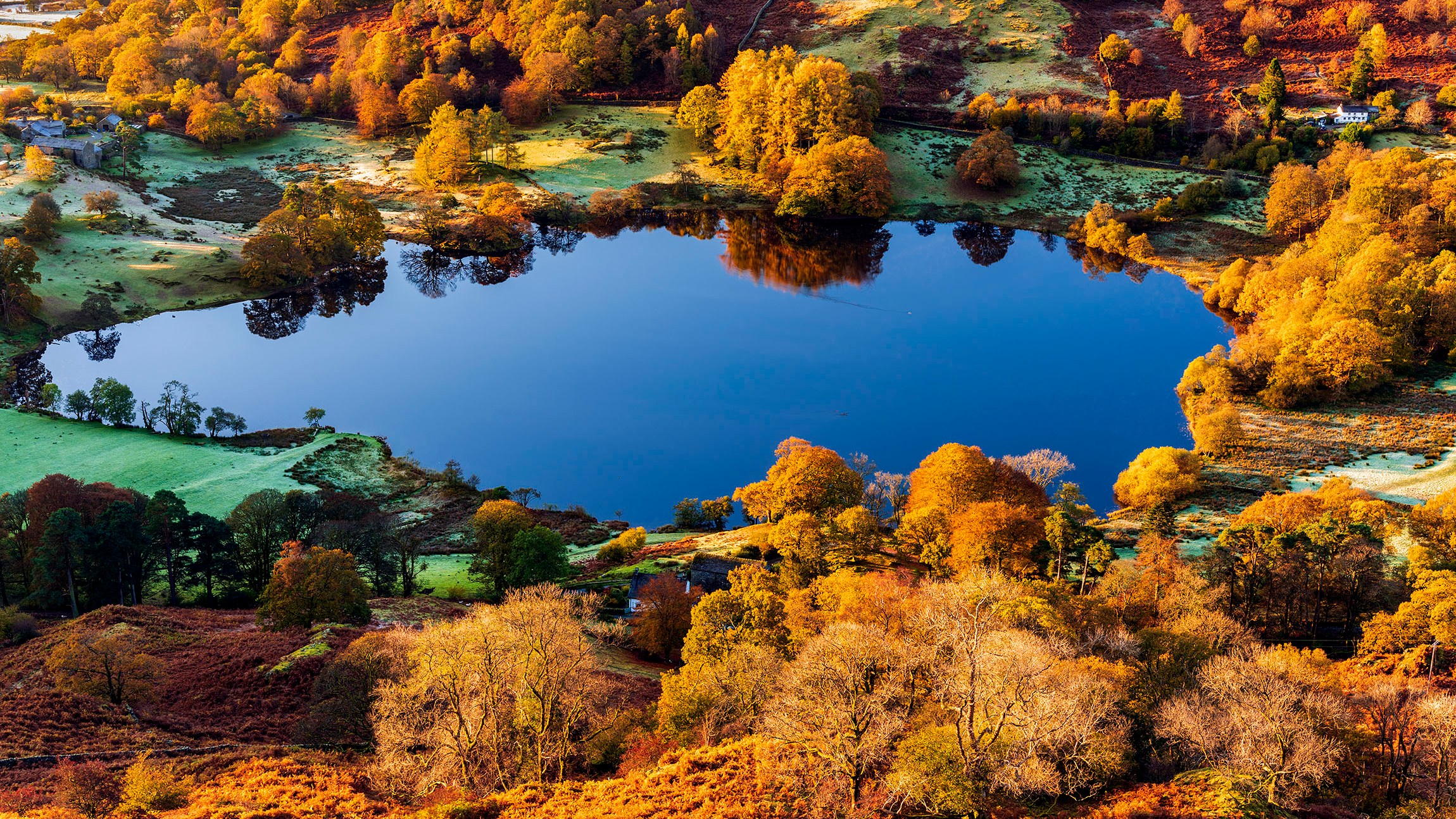 Looking over Loughrigg Tarn and Elterwater with the Langdale valley, Lake District