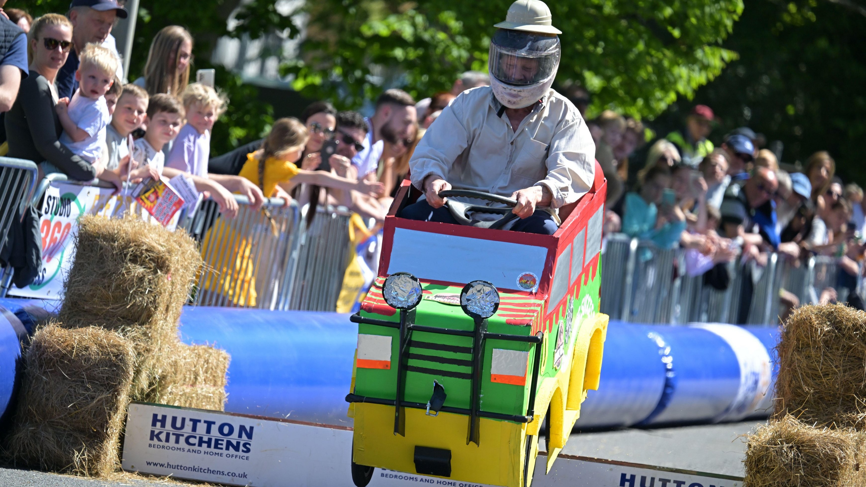 Competitors take part at their own risk in the Billericay Soapbox Derby in Essex where inventive engineers can drive their custom vehicles down closed streets