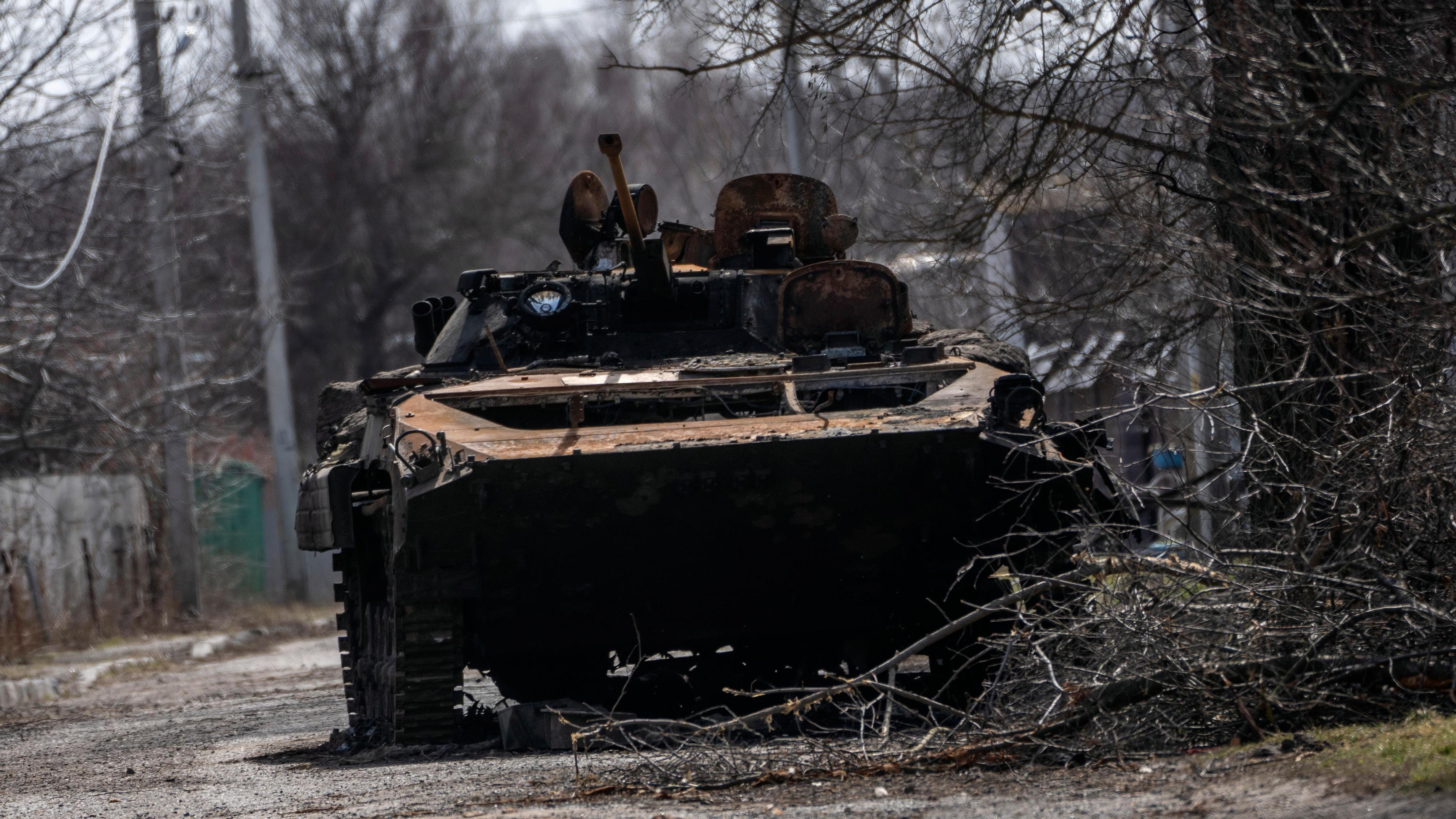 A destroyed Russian tank near the front line in Brovary, on the outskirts of Kyiv