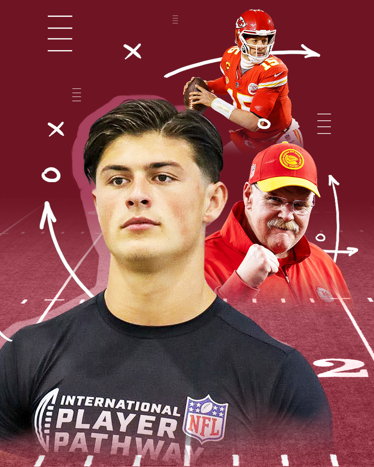 From left to right: Kansas City Chiefs coach Reid, Rees-Zammit, Chiefs quarterback Mahomes