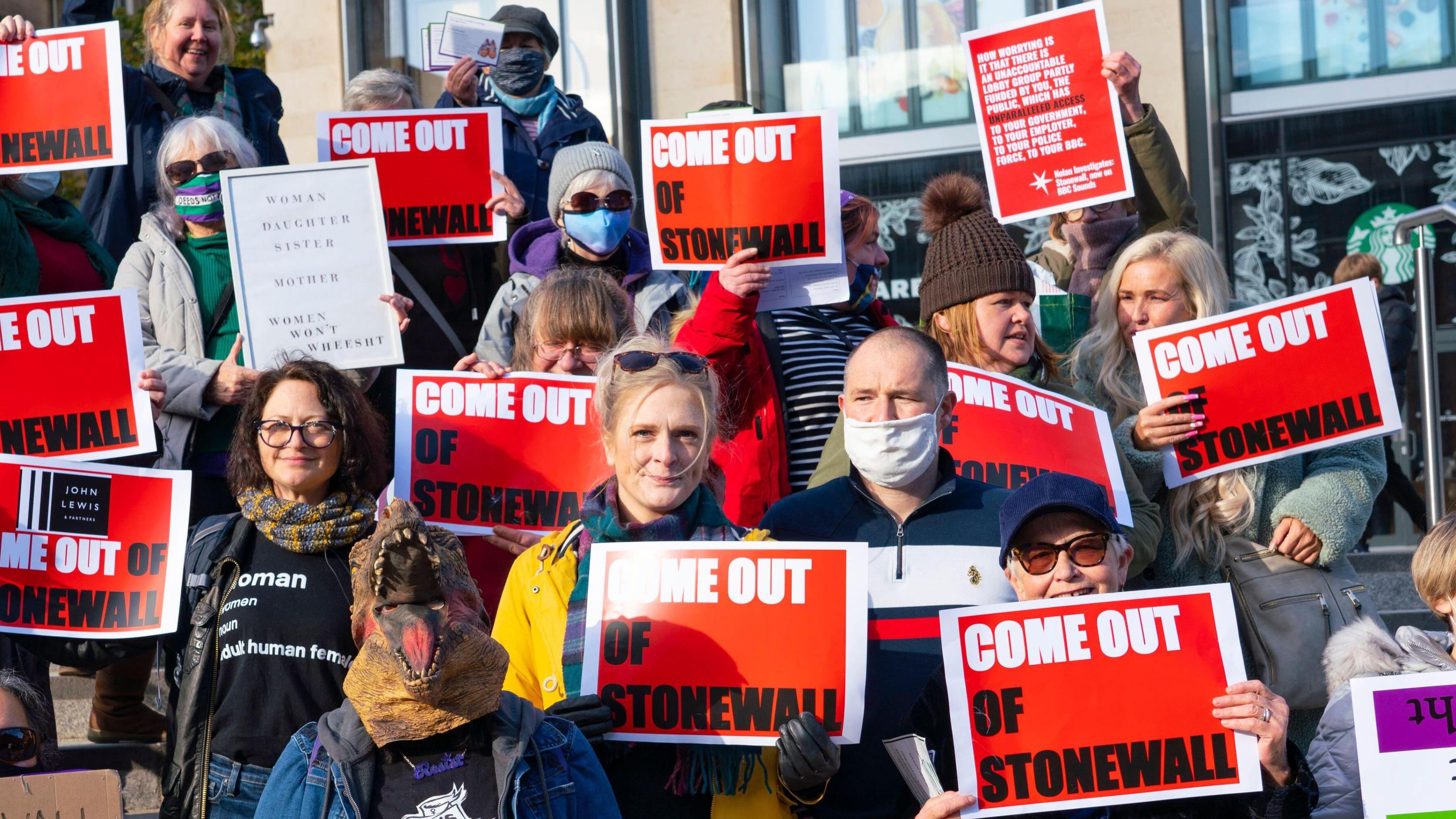 In October 2021, a demonstration was held outside NHS Scotland offices and a John Lewis shop in Edinburgh against their involvement with Stonewall