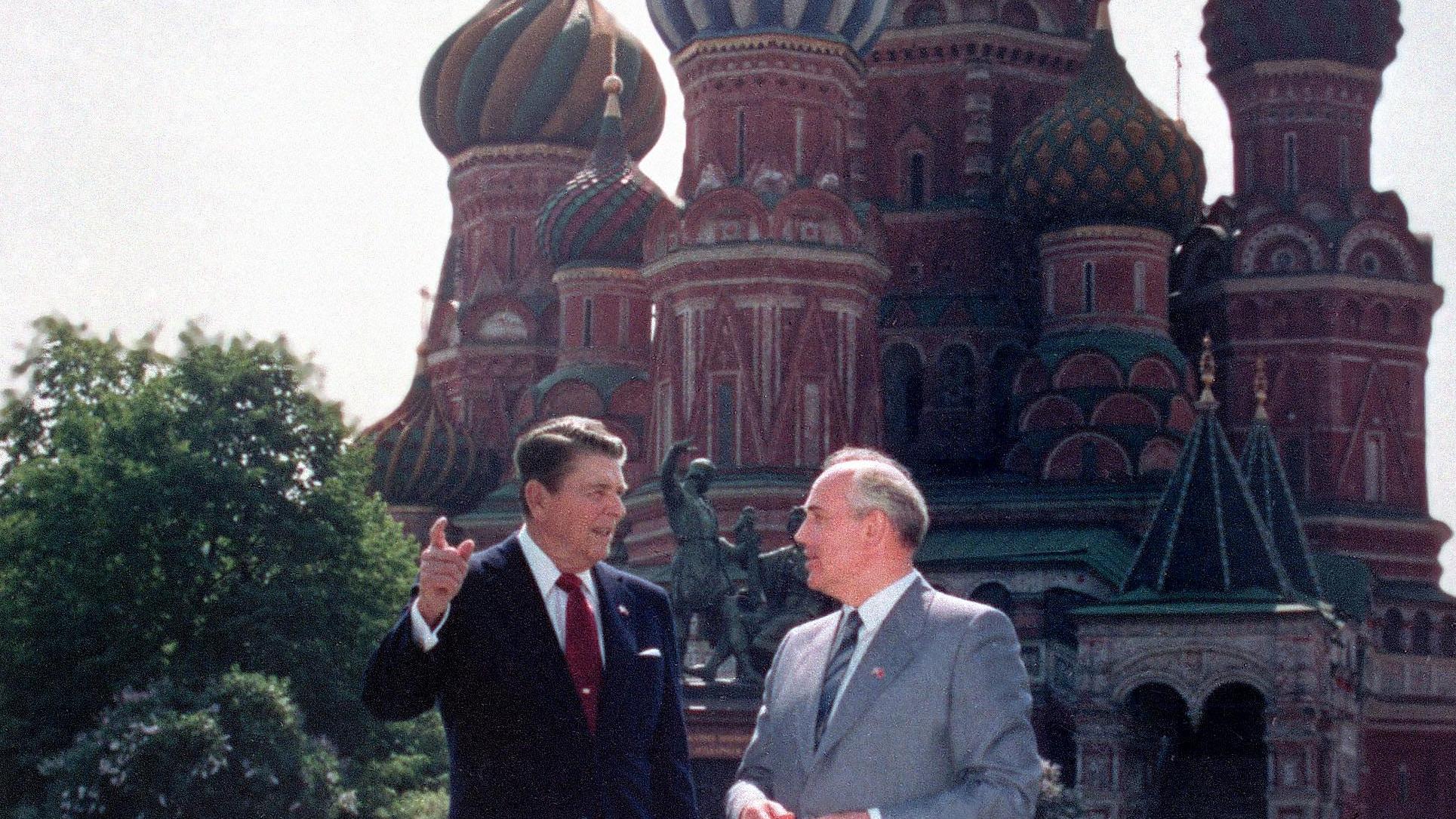 Gorbachev with President Reagan in Red Square in 1988