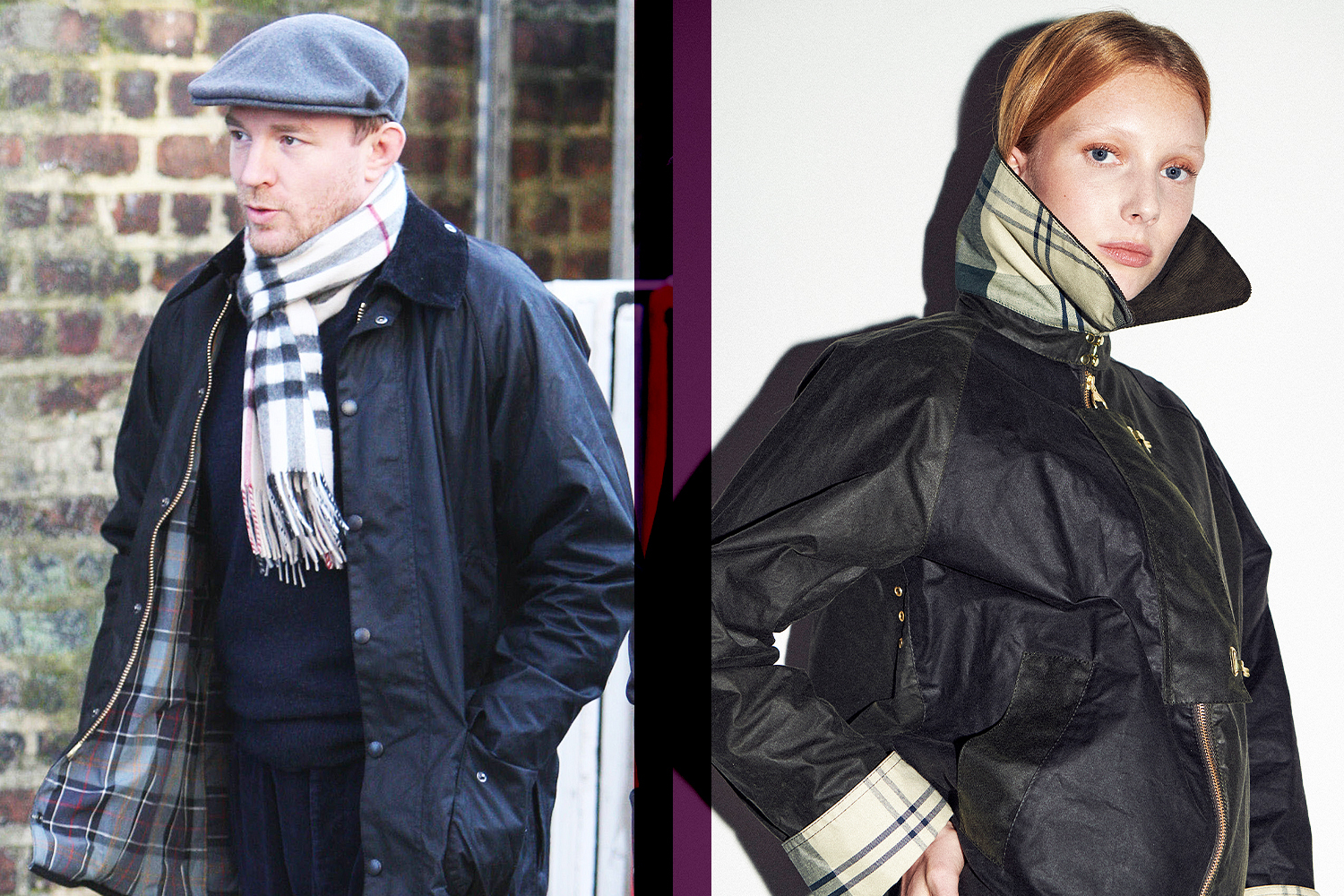 Guy Ritchie in 2008, left, and Barbour’s Patch Drummond wax jacket, right