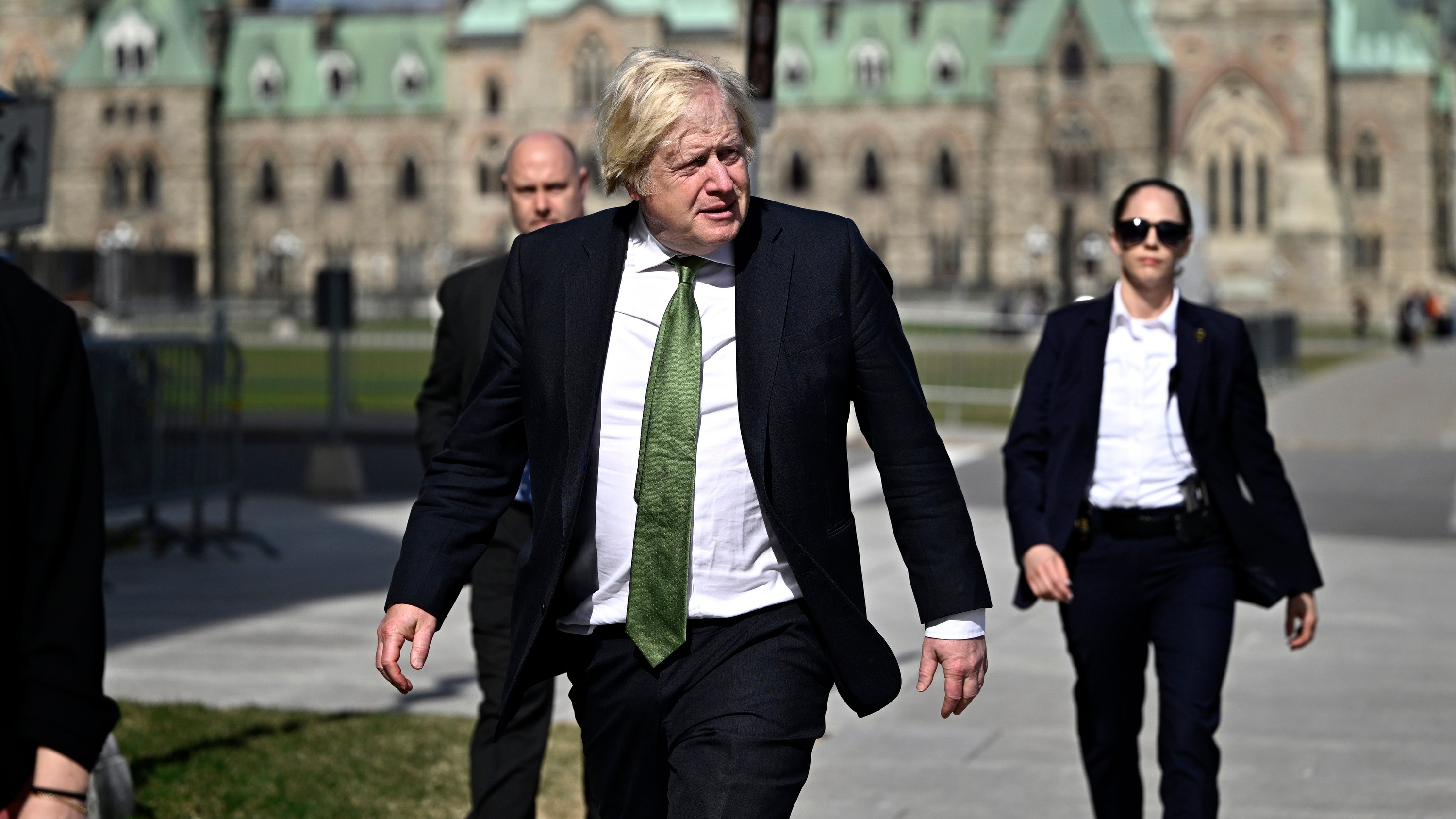 Boris Johnson, pictured in Canada in April, has not been seen on the campaign trail but has released pamphlets and videos in support of Ben Houchen and Andy Street