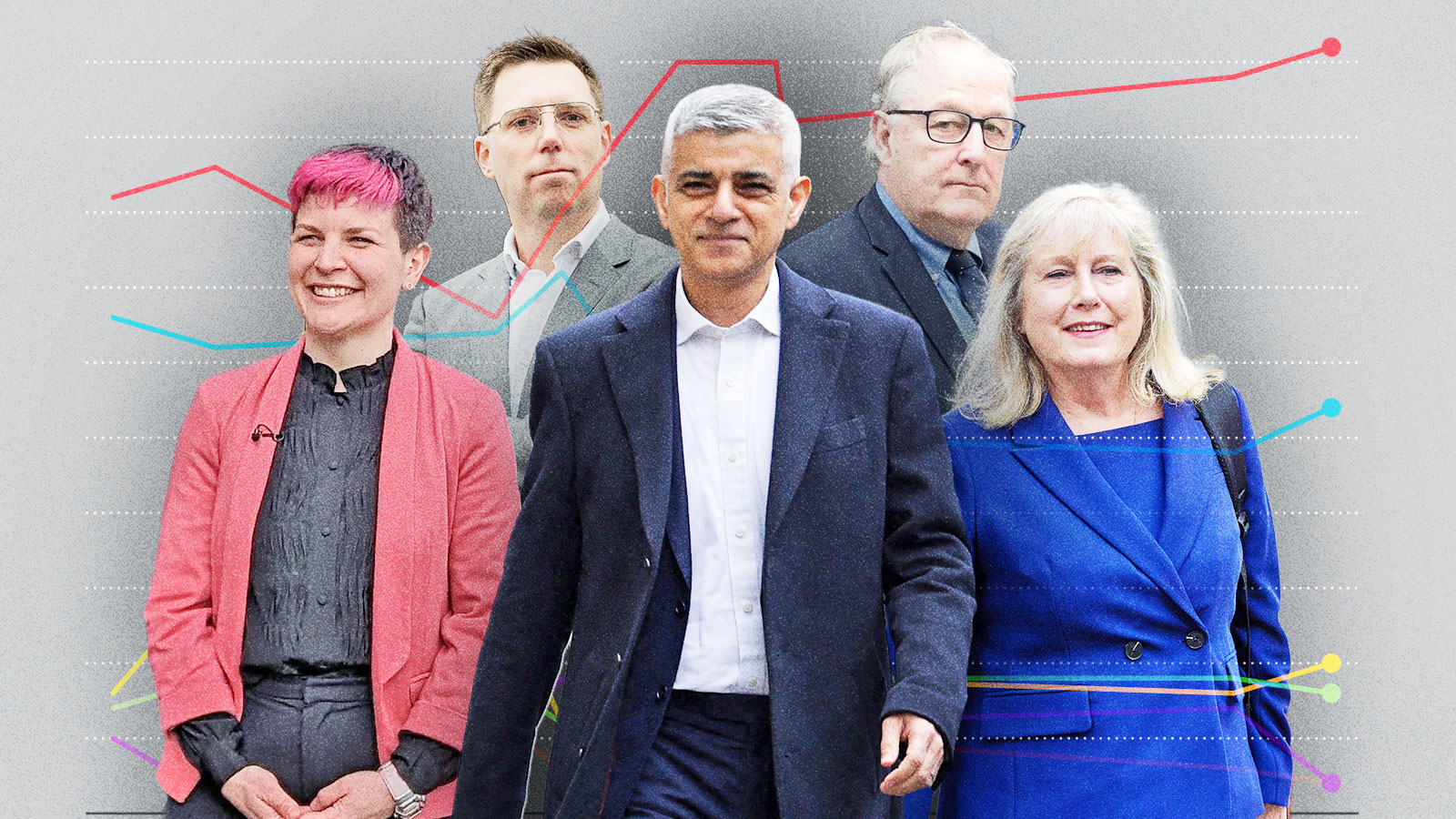 Candidates seeking to become mayor of London include, from left, Zoë Garbett, Rob Blackie, Sadiq Khan, Howard Cox and Susan Hall
