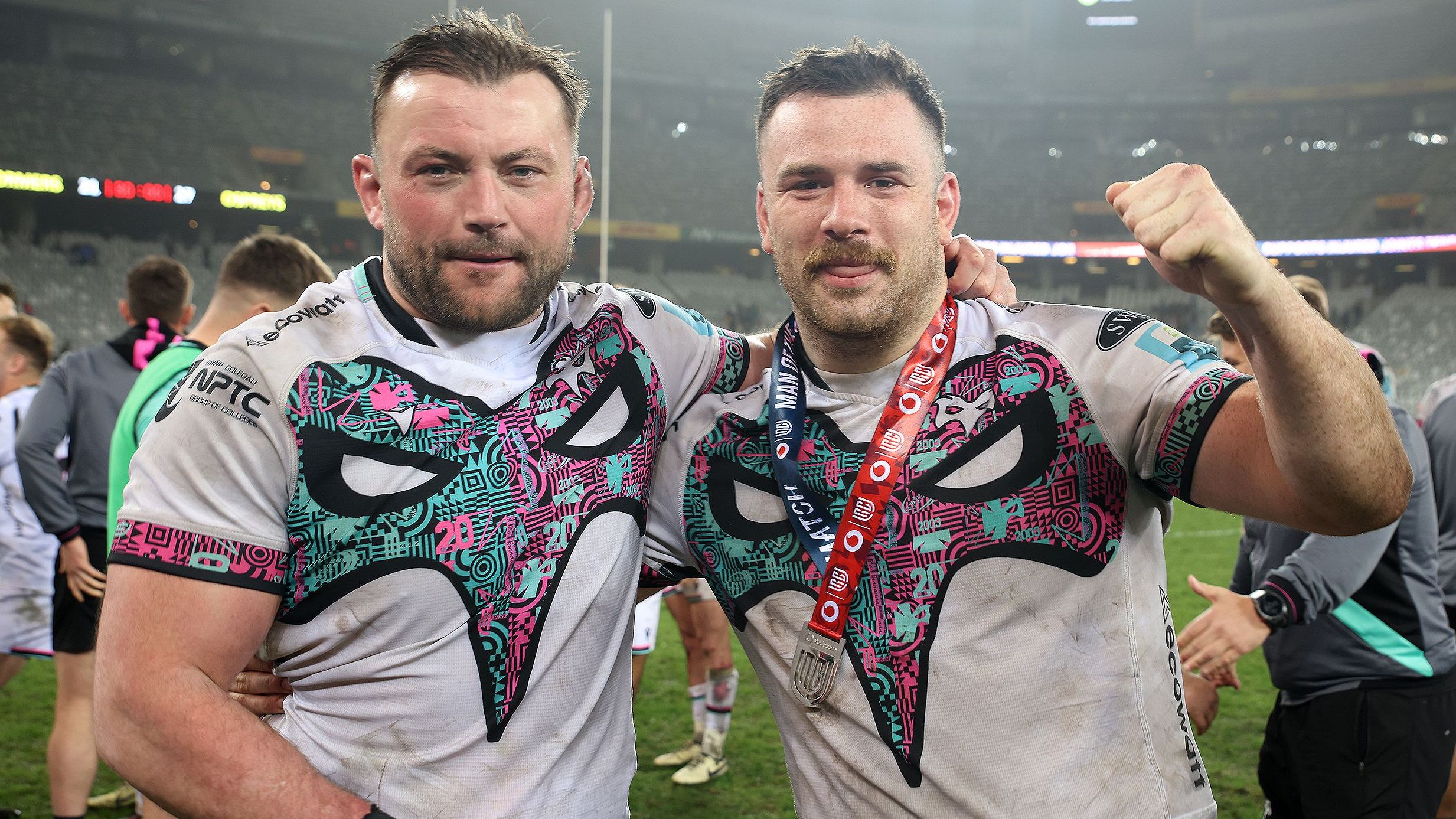 Sam Parry and Morris celebrate Ospreys’ win away to the Stormers — a famous victory that symbolises their resurgence