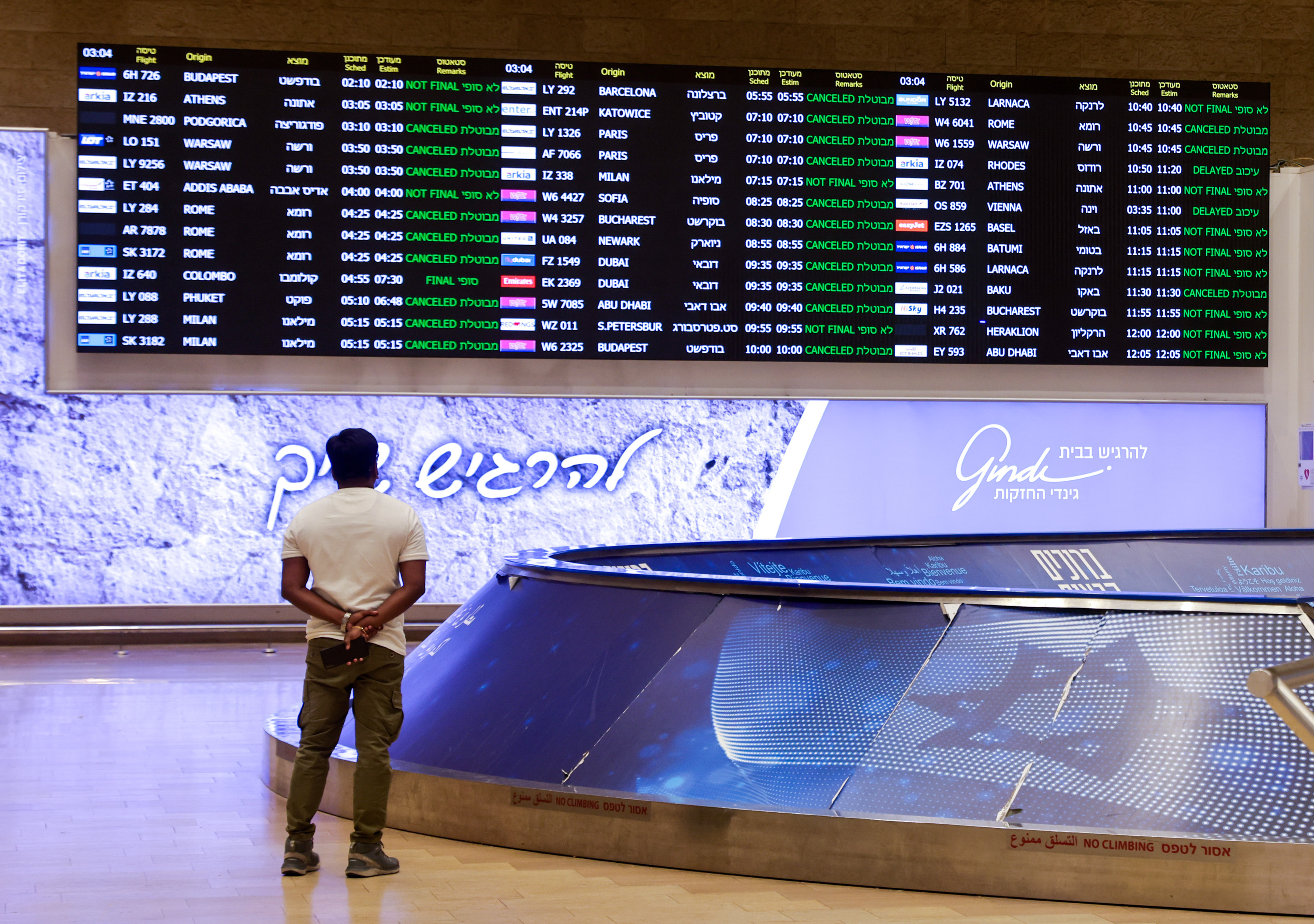 Cancelled flights at Ben Gurion airport in Tel Aviv, Israel