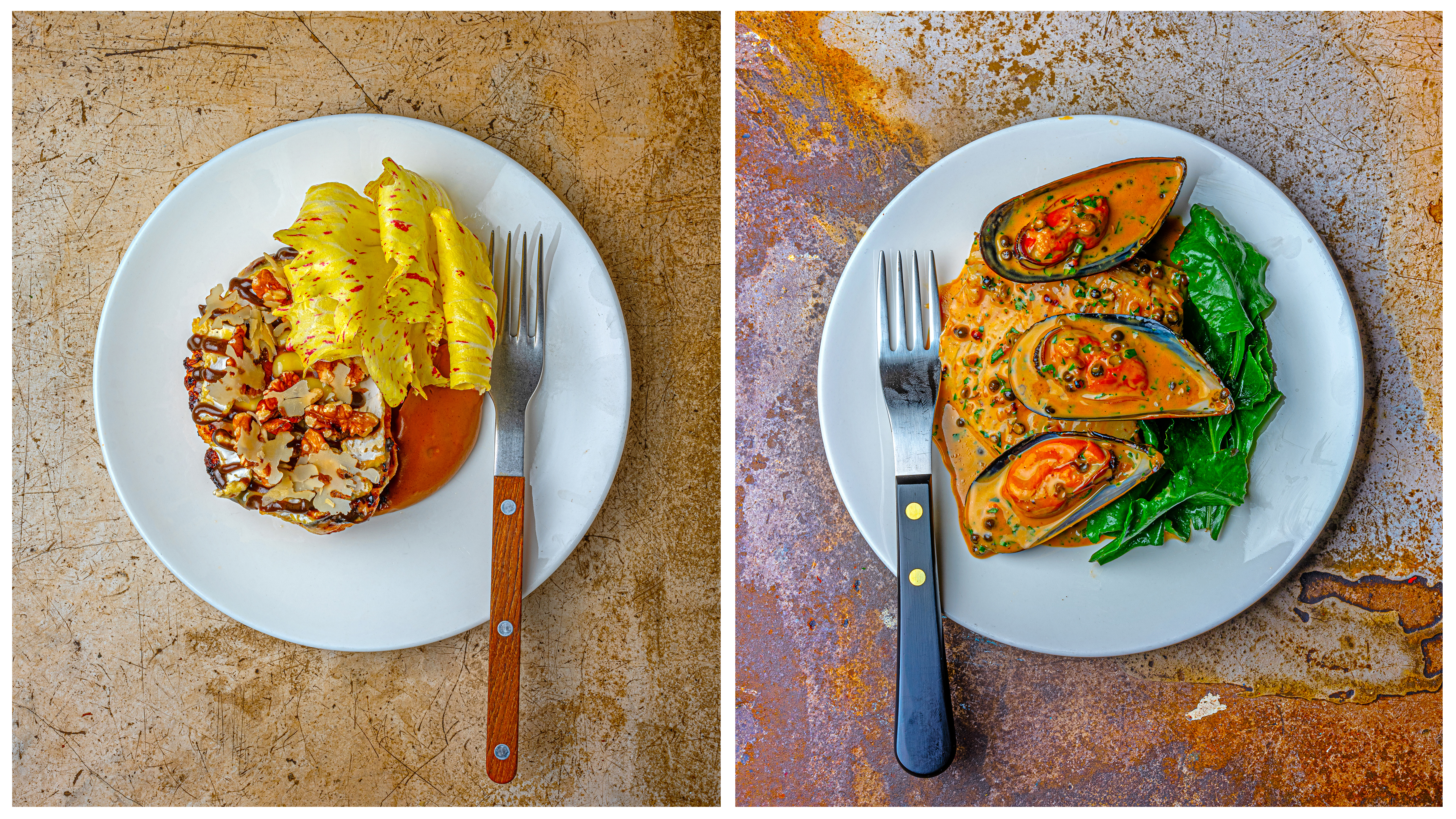 From left: roasted cauliflower, cheese and pickled walnut; ray wing, mussels and peppercorn sauce