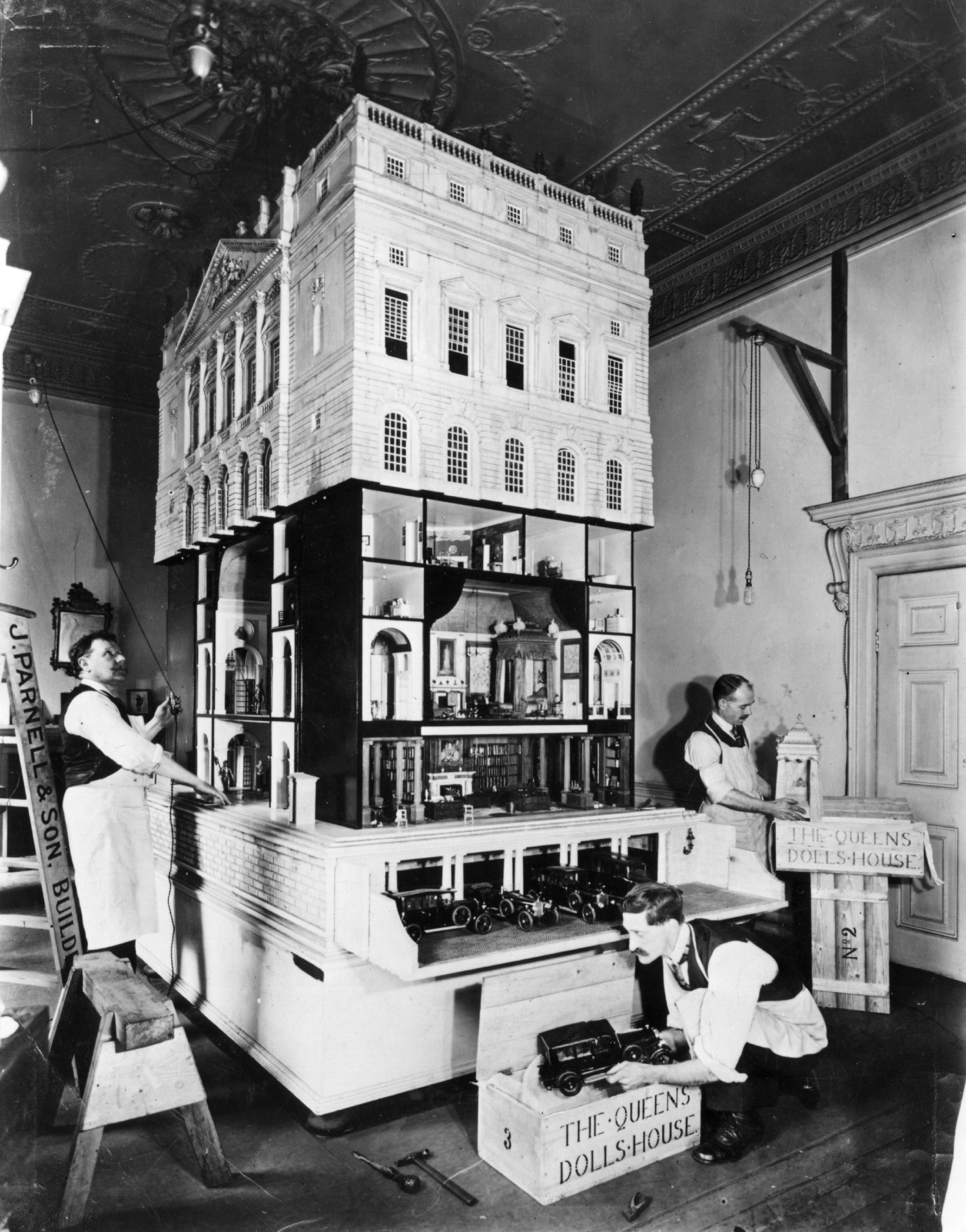 Queen Mary’s doll’s house, designed by Sir Edwin Lutyens, is packed up for despatch to Windsor