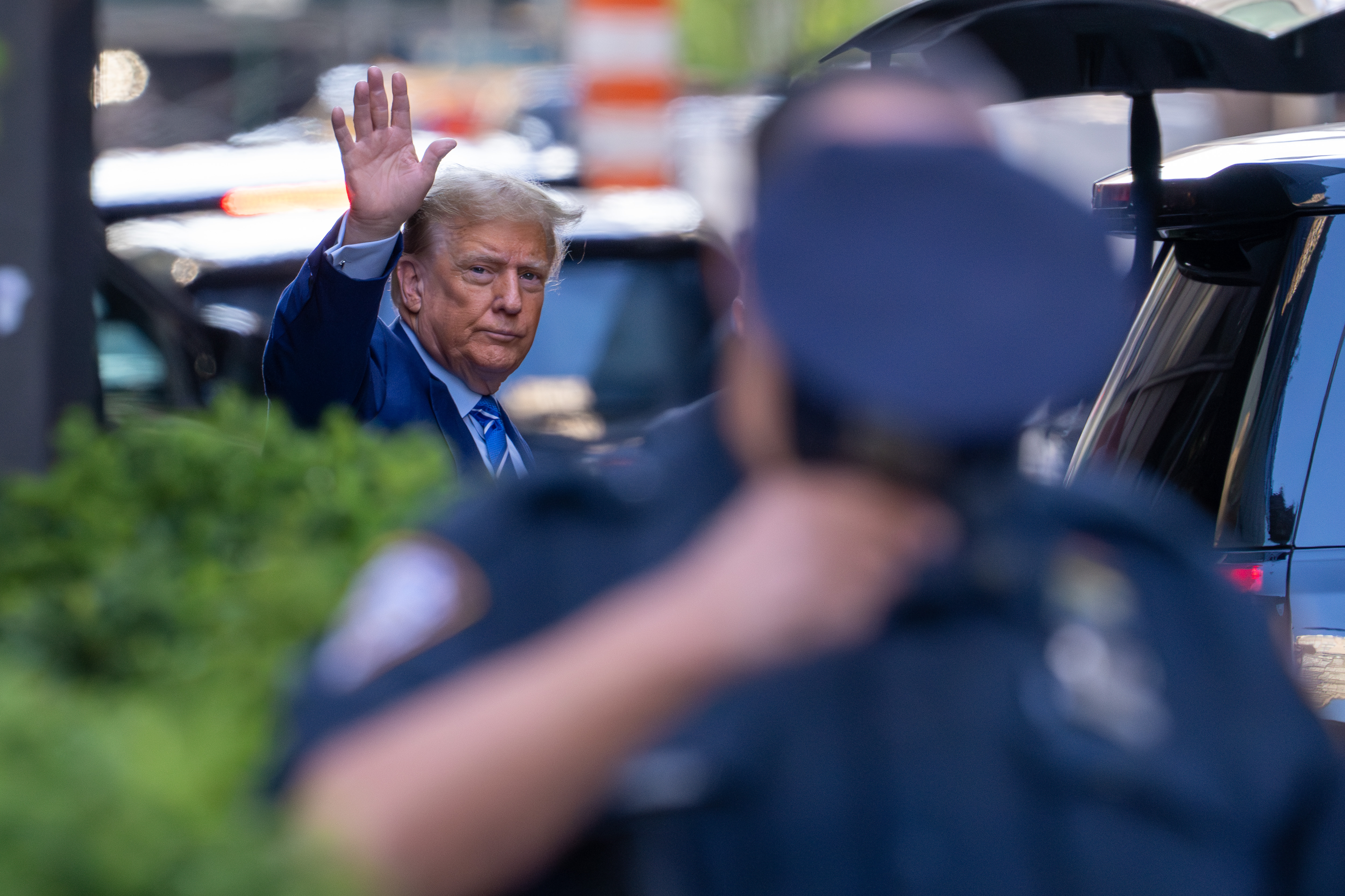 Trump leaving Trump Tower this morning. He describes his trial as “political persecution” directed by his rival, President Biden